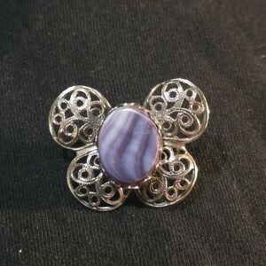 Vintage Purple AGATE filigree Butterfly Brooch